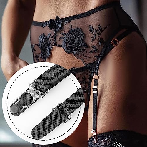 Strumpfhalter Frauen Strapsgürtel Hüfthalter Strapsen Dessous Sets Breit Unterwäsche Strapsstrümpfe Sexy Spitze mit 4 Halter Verstellba Strumpfbänder Strumpfgürtel für Damen + G-string (Schwarz)
