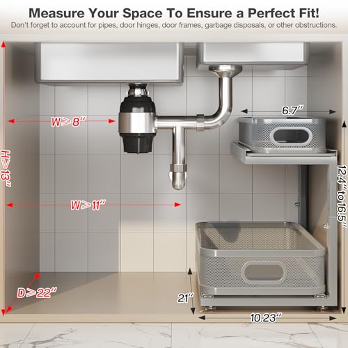 Image of 2 Pack 21IN-Depth Under Sink Organizer With Next-Gen Ball-Bearing Slides,2-Tier Precision Mesh Pull Out Cabinet Storage for Bathroom&Kitchen,Height Adjustable Drawers Shelf,Anti-rust-Grey