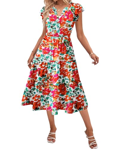 Image of ZEAGOO Womens Summer Casual Dresses Ruffle Sleeve V Neck Midi Dress Flowy Tiered Dress with Pockets Boho Sundresses
