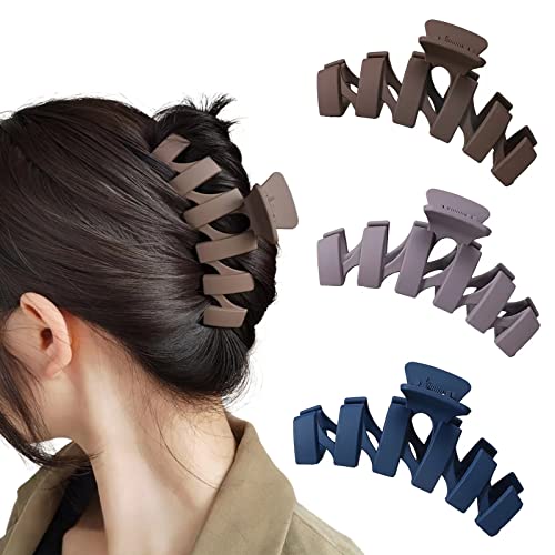 Pinza para el pelo grande para mujer, juego de pinzas antideslizantes para el pelo mate para el cabello grueso y fino, para mujeres (azul, marrón y morado) Cover