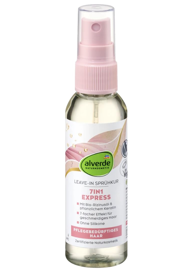 Alverde 2er-Set – Leave-In Sprühkur Express 7in1 (75 ml) + Shampoo Glanz mit Rosenblütenwasser & pflanzlichem Protein (200 ml) + Bonus Kopfhaut Massagebürste