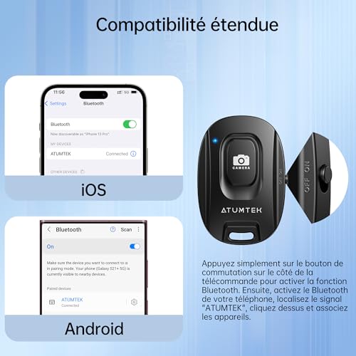 ATUMTEK Télécommande d’Appareil Photo pour iPhone et Smartphones Android (Lot de 2), Bouton de Télécommande sans Fil pour Photos et Vidéos (Bluetooth 5.2), avec Dragonne, Noir – vue 3