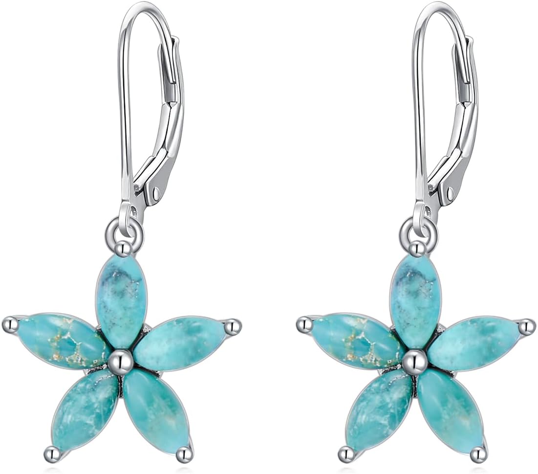 Turquoise/Opal Dangle Earrings S925 Sterling Silver Marquise Shaped Gemstone Flower Dangling Leverback Earrings for Women