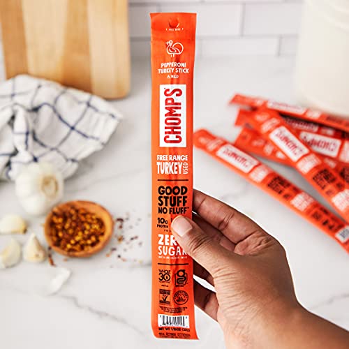 Chomps Free Range Pepperoni Turkey Jerky Meat Snack Sticks, Keto, Paleo, Whole30 Approved, Low Carb, High Protein, Sugar Free, Gluten Free, 60 Calories 1.15 Oz Sticks, Pepperoni Turkey 24 Pack #TOP4