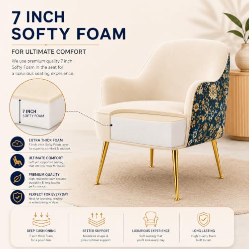 Image of Velvet Chair with Pillow for Home | Modern Accent Armchair in Soft Velvet Fabric with Golden Legs | Premium Accent Chair for Living Room Bedroom Restaurent | (Off White, Big Zara)
