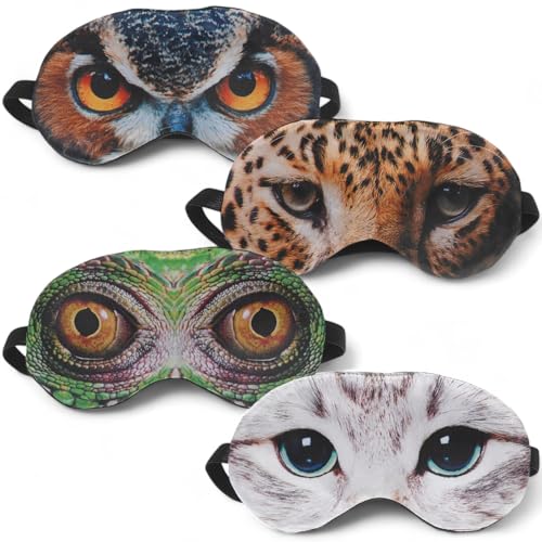 MIJOMA 4er Set Schlafmasken aus Satin und Plüsch, Tieraugen-Design, Katzen, Leopard, Eule, Chamäleon, Bequemes Gummiband, Perfekt für Reisen und...