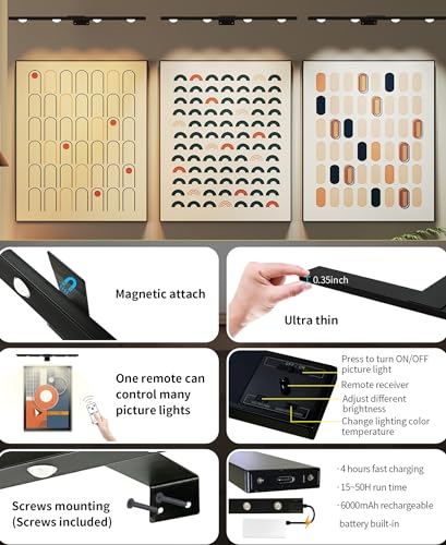 TINTINDOC Luz de Imagem de Bateria para Pinturas, 3 Luzes de Arte de Iluminação para Parede com Cont