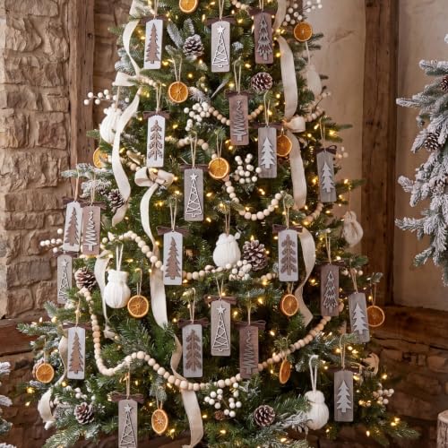 Geelin 12 Pcs Rustic Christmas Wooden Ornaments for Tree Gray Brown Vintage