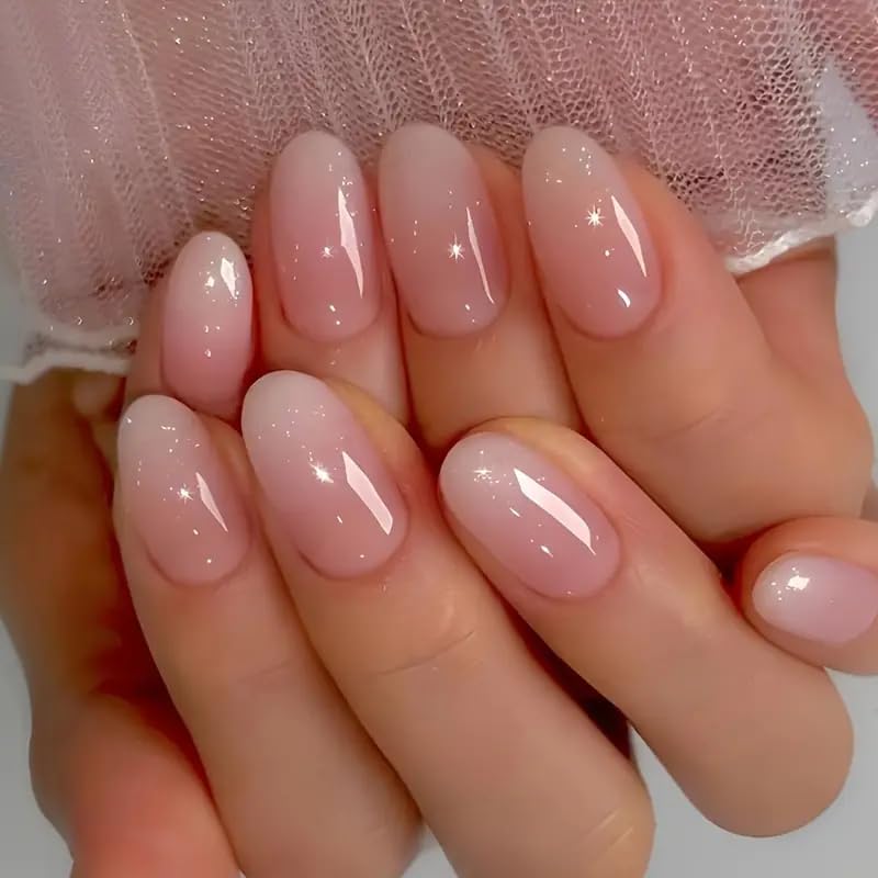 Special Short Length Oval Shaped Gradient Pink Artificial Reusable Nails Press On Nails with Glue Stickers - 24pcs/Set-picture-18