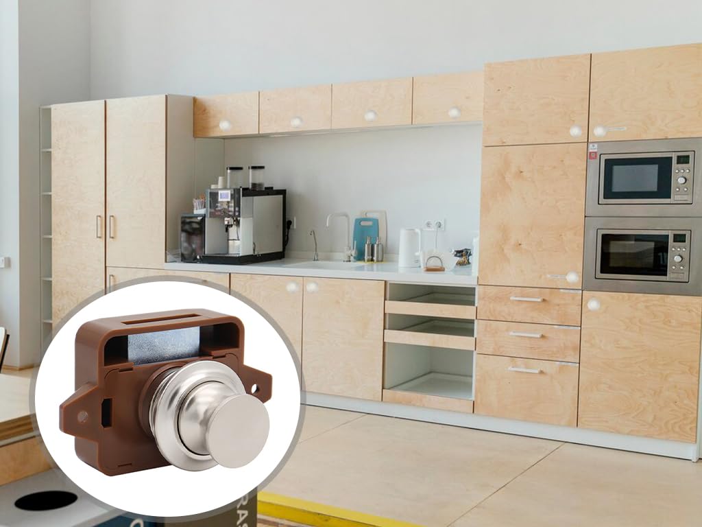 Anlising 3 Piezas Cerradura Puerta Boton, Botón de Cierre para Cajones, Botón Pulsador Gabinete, Push Lock, Cerradura de Pestillo con Botón Pulsador, para Autocaravana, Armario, Puerta (Marrón)