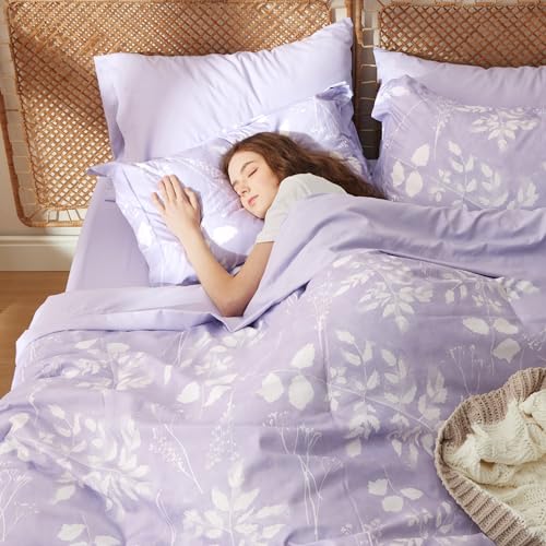 Image of Bedsure Floral Lavender Comforter Set, King Bedding Sets, 7 Piece | Bed in a Bag, Comforters, Bedroom, Reversible, Fluffy, Whisper-Quiet, All-Season, Polyester, Easy Care, Botanical-Chic, OEKO