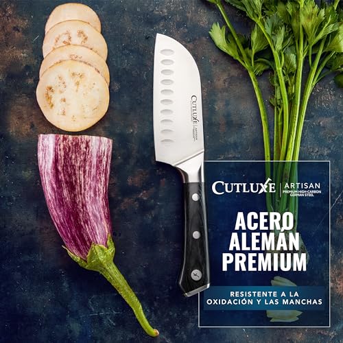 Miniatura 7 de Cutluxe Cuchillo Santoku 13 Cm Cuchillo Cocina Profesional Multipropósito Acero Alemán Forjado De Alto Carbono Filo Afilado Como Navaja Mango Ergonómico Serie Artesanal