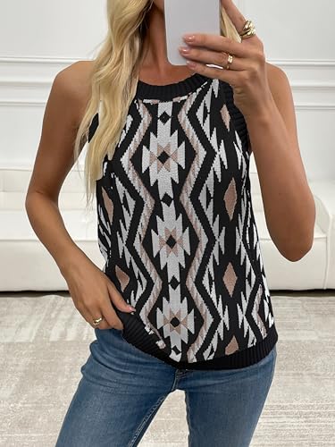 MARZXIN Women Sleeveless Sweater Tank Round Neck Casual Aztec Geometric Knit Sweater Top3