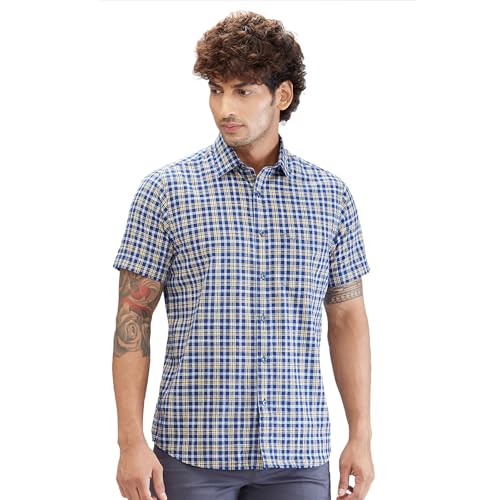 Image of Colorplus Men's Regular Fit Checks Pattern Pure Cotton Plain Collar Half Sleeve Casual Shirt