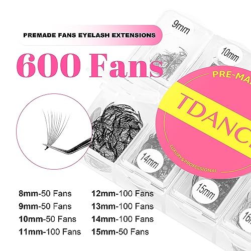 TDANCE Premade Eyelash Extensions 8-15mm Mixed Length Fans 5D 8D 10D 12D 14D 16D 24D Handmade C/D Curl Loose Fans (600-10D-0.07-D-8-15mm)