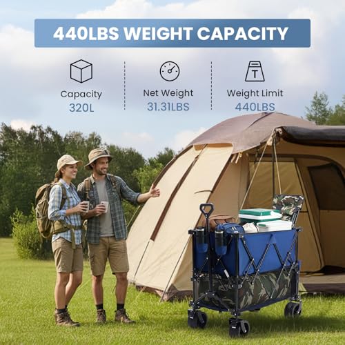 Image of DUMOS 440LBS Heavy Duty Double Decker Wagon with 54IN Extender, 400L Large Capacity Collapsible Garden Cart, All-Terrain 7IN Wheels with Brakes, Foldable Utility Wagon for Shopping, Camping, Blue
