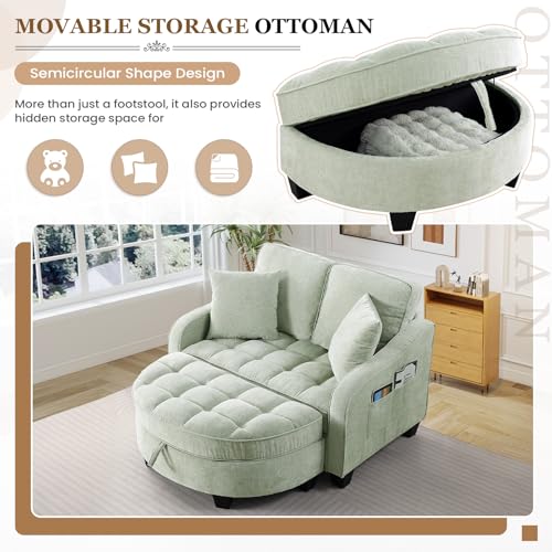 Image of Oversized Chair and A Half, Chenille Tufting Accent Cozy Reading Sofa Chair with Storage Ottoman, Upholstered Loveseat Chaise Lounge Sofa with Adjustable Back for Living Room, Office, Sunroom,Cyan