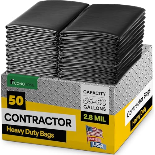 EconoHome 55-60 Gallon Contractor Garbage Bags - 2.8 Mil Extra Thick Heavy Duty Trash Bags for Construction Lawn & Yard Cleanup Demo & Commercial Use - Made in USA - Extra Large 38x53 - 50-Count