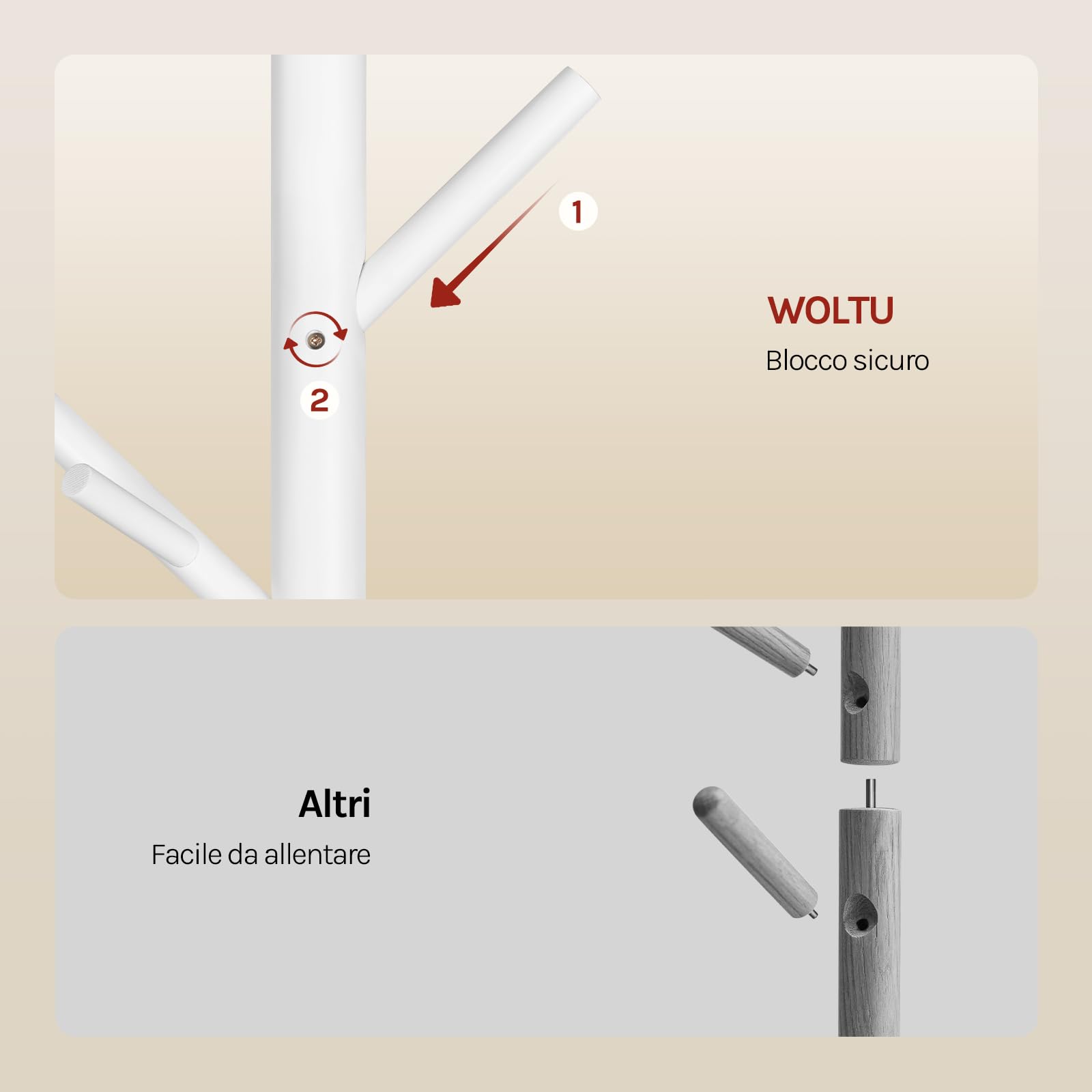 WOLTU Appendiabiti da Terra a Forma di Albero, Attaccapanni con 13 Ganci, Altezza Regolabile su 3 Livelli, in Legno, per Ingresso, Guardaroba, Camera da Letto e Ufficio, 48x42x175 cm, Bianco