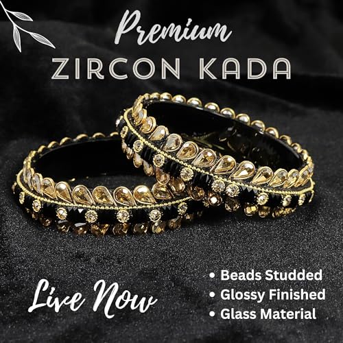 Image of NMII Glass Golden Zircon Stone & Kundan Beads Kada Set For Women & Girls | Fancy Design Kada Bangles | Traditional Look Kangan | Glass Bangles For Women Wedding, Party, Function, Daily use