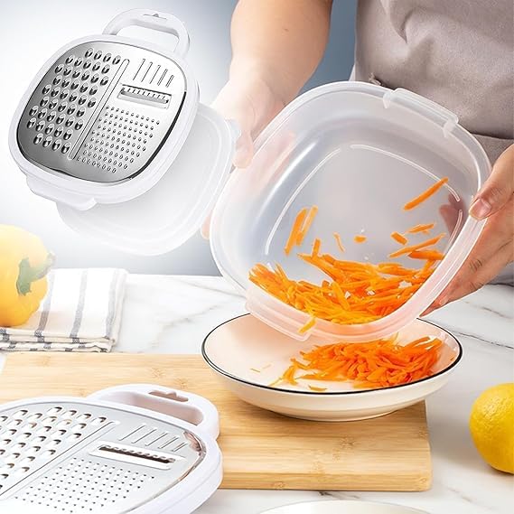Image of Vegetable Grater with Pot and Lid, Food Grade Stainless Steel Multi-Functional, 3 Different Blades and Food Container Manual Kitchen Grater with Multi-Use Tank(Multi Color)