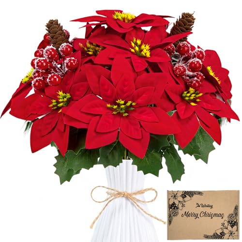 Woltoy 4 Pièces Fleur De Noel Poinsettia Rouge Artificielles Contient Au Total 14 Broches Poinsettia, équipé De Baies Et Pins, pour Noël Et Décoration