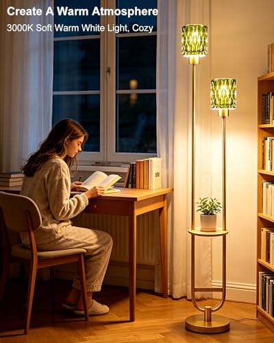 Image of Green Glass Floor Lamp with Table Shelf, Modern Gold Standing Lamp, Tall Farmhouse Floor Lamp with Foot Switch & 3000K Warm White Bulb Included for Living Room Bedroom Home Office