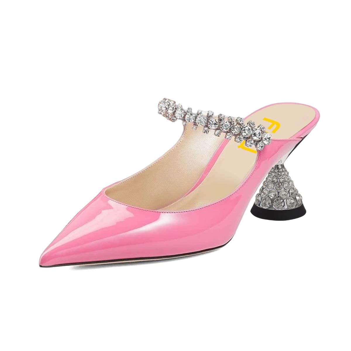 FSJ Women Rhinestone Cone Low Heel Mules Closed Pointed Toe One Strap Sandals Slip On Backless Bridal Summer Shoes Size 4-15 US