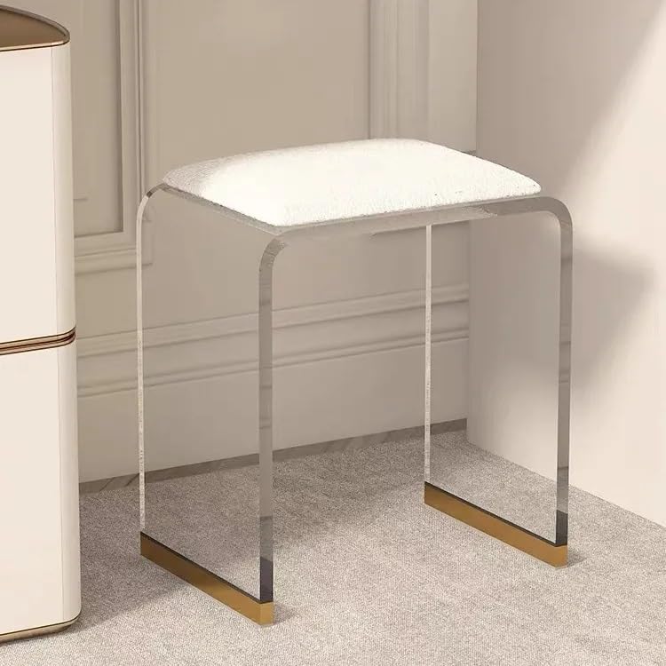 Miusocal Acrylic Stool, Modern White Cushion, Makeup Vanity Chair, Dining Stool, Living Room, Bedroom, L16 X W11 X H17.7
