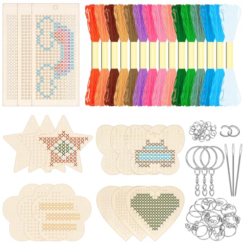Image of GLARKS 78pcs Butterfly Flower Love Star Rectangle Wooden Cross Stitch Kit, Wood Cross Stitching Keyrings, Craft Cross Stitch Wood Kit, Wooden Threading Kits for Decoration Supplies Art Craft