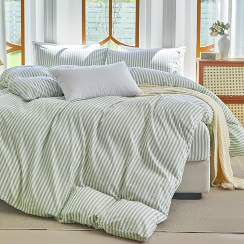 XINMIANFANG Sage Green Striped Duvet Cover Set Full 100% Washed Cotton by XINMIANFANG - Used condition - Image 4