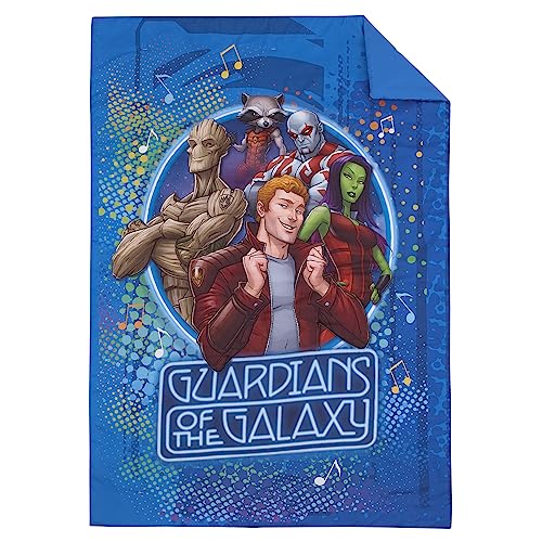 Image of NoJo Marvel Guardians of The Galaxy Blue Let's Rock 4 Piece Toddler Bed Set - Comforter, Fitted Bottom Sheet, Flat Top Sheet, and Reversible Pillowcase