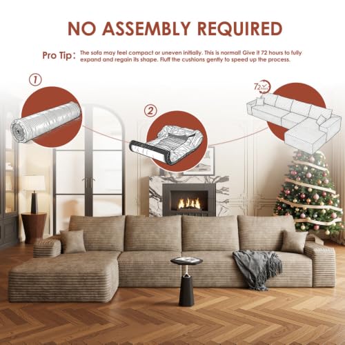 Image of Boneless Couch, Modular Sectional Couches for Living Room, U-Shaped Cloud Couch Sofa with Deep Seat, Fluffy Corduroy Upholstered Corner Sofa