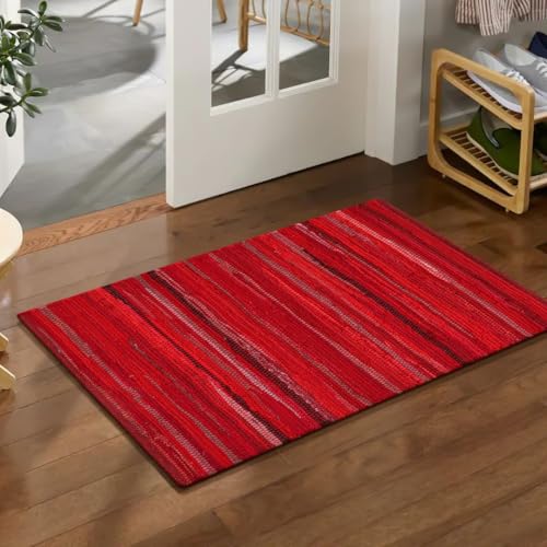WeWove Hand Woven Chindi Rug Cotton - Boho Rustic Farmhouse Area Accent Throw Rug - Area Floor Carpet for Bedroom Living Room Kitchen Dorm Entryway Hallway - 20x32 inch Area Rug Red Multi