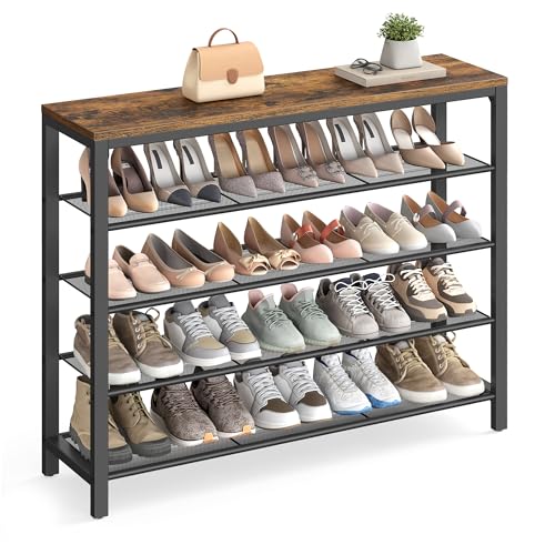 VASAGLE Shoe Rack, 5-Tier Shoe Storage Organizer with 4 Metal Mesh Shelves for 16-20 Pairs and Large Surface for Bags, for Entryway, Hallway, Closet, Industrial, Rustic Brown and Black ULBS1