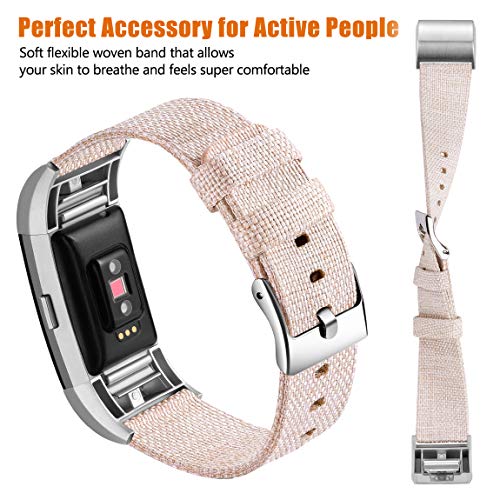 Maledan Bands Compatible with Fitbit Charge 2 and Charge 2 HR Fitness Activity Tracker for Women Men, Durable Woven Fabric Watch Band Replacement Accessories Strap Wristband, Small, Beige - Thumbnail 4
