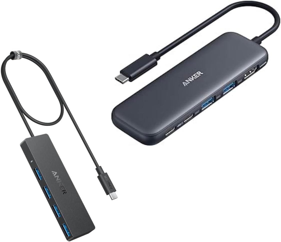 Anker 332 USB-C Hub (5-in-1) with 4K HDMI Display, 5Gbps - and 2 USB-A Ports&Anker 4-Port USB 3.0 Hub with, Ultra-Slim Data USB C Hub