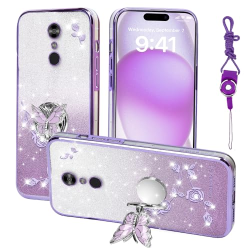 RTYQXK for LG Stylo 4 Phone Case,for LG Stylo 4 Plus Mobile Phone Case for Women and Girl, Glitter Butterfly Floral TPU Protective Cover with Kickstand+Strap for LG Q Stylo/Stylus 4 (Purple)