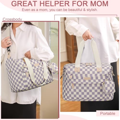 Image of Pritent Diaper Bag Tote - Diaper Baby Bags with Pacifier Case, Shoulder Straps, Stroller Clips, Waterproof Large Mommy Maternity Travel Baby Bag for Mom and Dad, Checkered purple, Medium