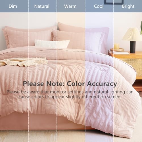 Image of CozyLux Queen Comforter Set Blush Pink, 7 Pieces Seersucker Textured Luxury Bed in a Bag Queen, All Seasons Bedding Sets with Down Alternative Comforter, Sheets, Pillowcases & Shams, Bedroom Bed Set