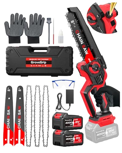 GroveGrip 8-Inch Mini Chainsaw Cordless 1400W Brushless Motor & Auto Oiler 2x 4000mAh Battery Powered Chain Saw (Makita Compatible) Lightweight One-Handed Tree Pruner for Gardening Seniors & Women