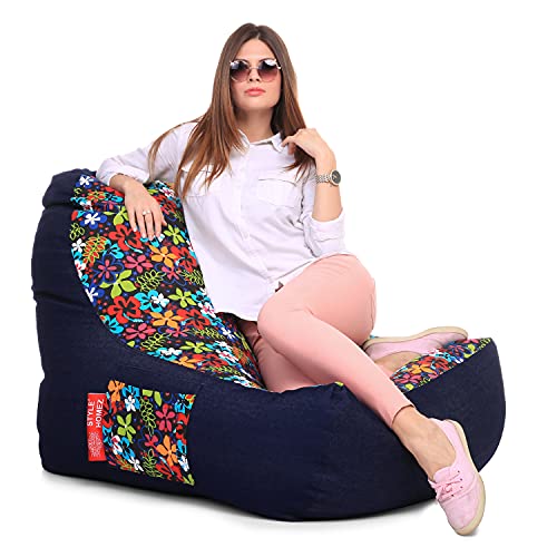 Image of Style Homez Urban Design Denim Canvas Floral Printed Chair Bean Bag XXL Size Filled with Beans Fillers