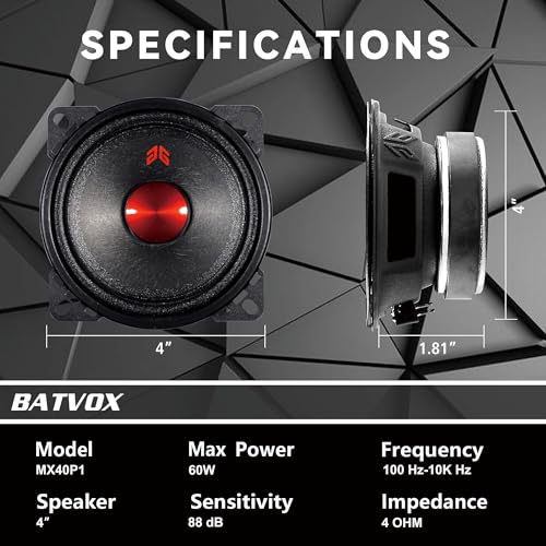 Image of MX40P1 Loudspeaker 4 Inch Midrange 120 Watts 4 Ohms Red Dust Cap, Premium Quality Audio Door Speakers for Car or Truck Stereo Sound System, Black (2 Speakers)