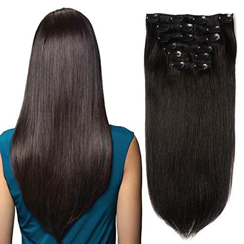 18 inch Natural Black Hair Extensions Clip in Human Hair Double Weft 8A Grade Thick Brazilian Straight Clip on Hair Extensions Human Hair 100g with 16clips (7pcs, 16 Clips, 100g)