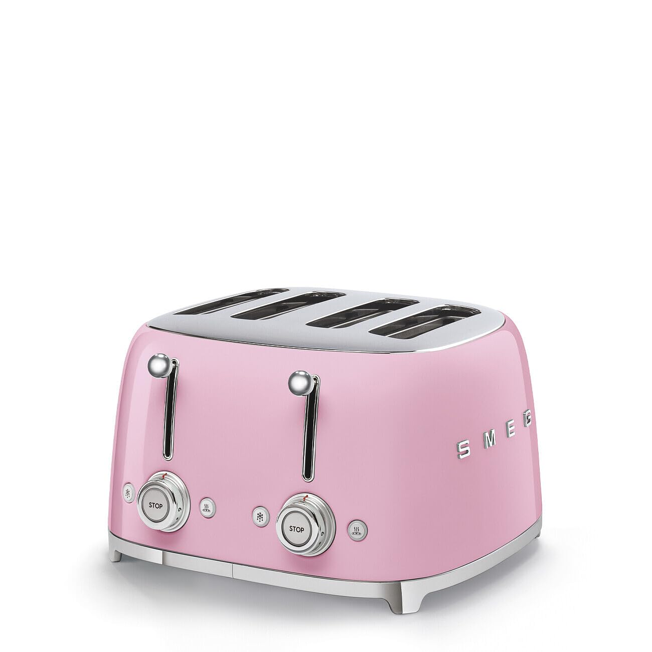 SMEG 4 Slice Toaster TSF03, Retro Stainless-Steel Toaster with Wide Slots for Bagels, 6 Browning Levels, Defrost Reheat Bagel Functions, Dual Controls, Crumb Trays, 1800W - TSF03PKUS - Pink