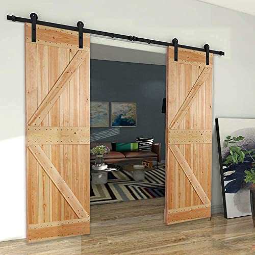 Image of CCJH 8.2FT Sliding Barn Door Hardware Kit, Heavy Duty, Smoothly and Silently, Easy to Install, Fit 24.6 inch Width Double Door Panel, I Shaped Hangers Black