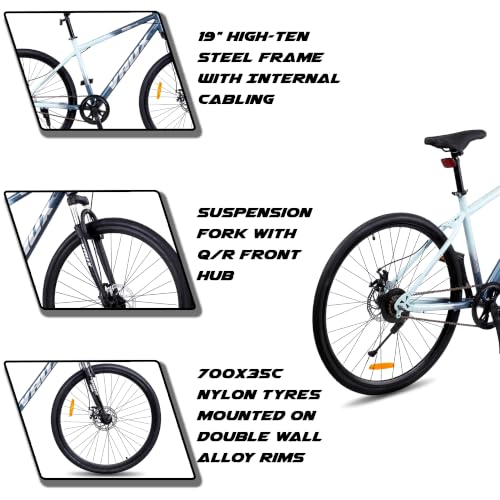 Image of Vaux City-Pro 700C Hybrid Cycle for Men With Suspension Fork & Dual Disc Brakes, 19 Inch HI-Ten Steel Frame, 700x35C Tyres, Double-Wall Alloy Rims, City Bike(Nardo-Grey, Single Speed, Suspension Fork)