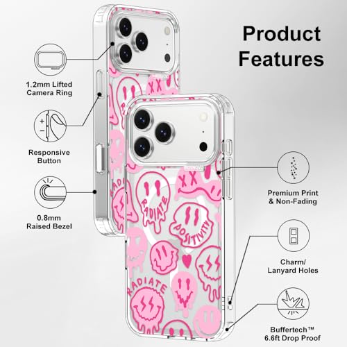 MOSNOVO for iPhone 17 Pro Max Case | Compatible with Magsafe | Military Grade 6.6ft Drop Tested | Camera Control | Clear with Pink Dripping Smiles Positivity Radiate Face Design by MOSNOVO - Image 8