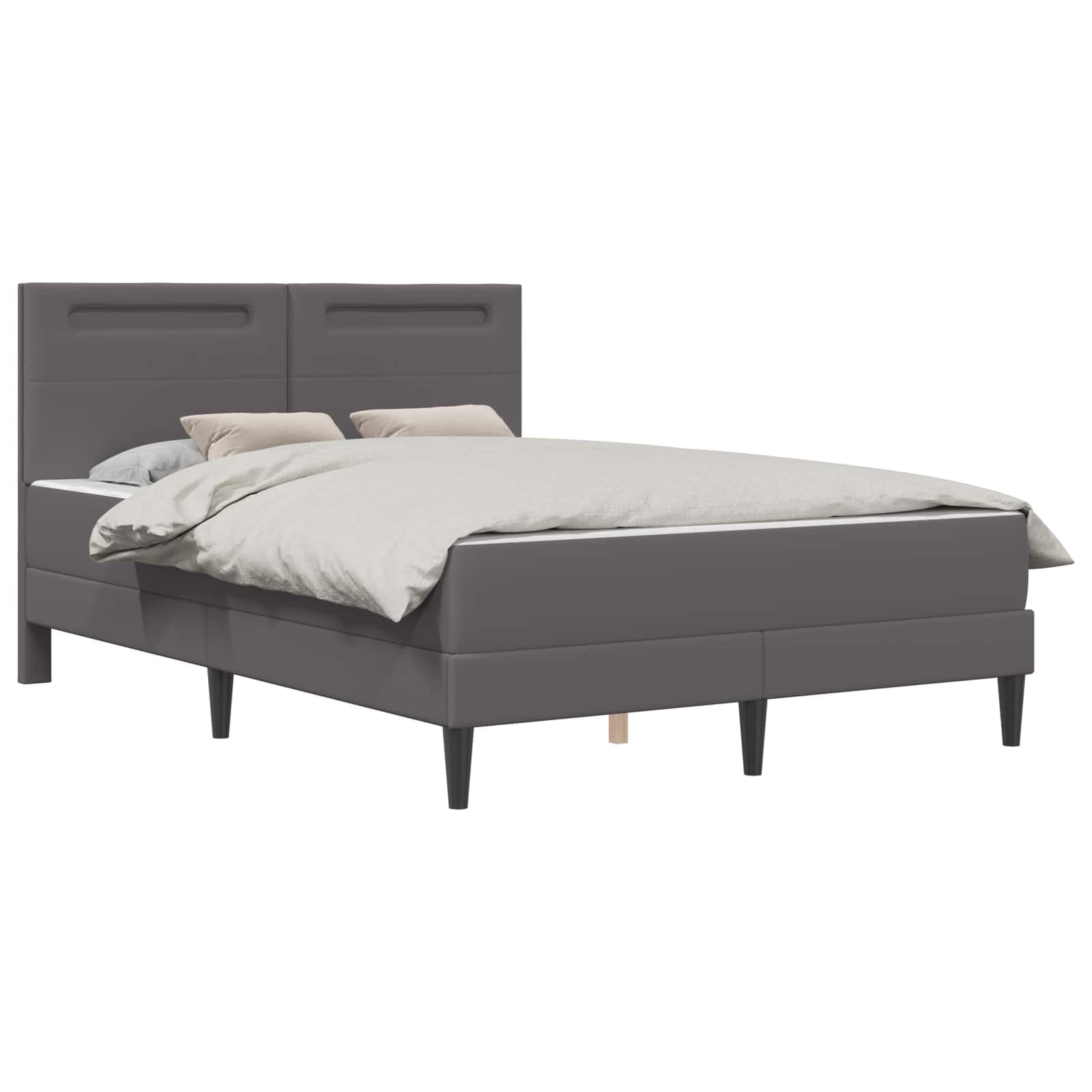 Marco de cama con tiras de luz LED, gris, 140 x 190 cm, piel sintética, cama de madera maciza con espacio de almacenamiento y cabecero para cama de matrimonio