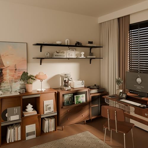 Image of 72 Inch Floating Shelves Set of 2, 12 Inch Deep Extra Long Black Solid Wood Wall Shelves with 120 lbs Capacity, 6ft Heavy Duty Farmhouse Wall Mounted Shelving for Living Room & Kitchen